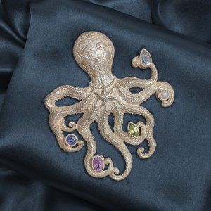 Sterling Silver, Hand Crafted Octopus with Pearl, Tanzanite, Amethyst & Peridot